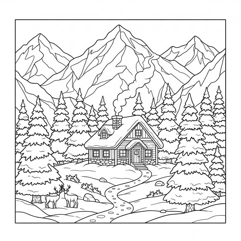 Pagina da colorare di casa di montagna
