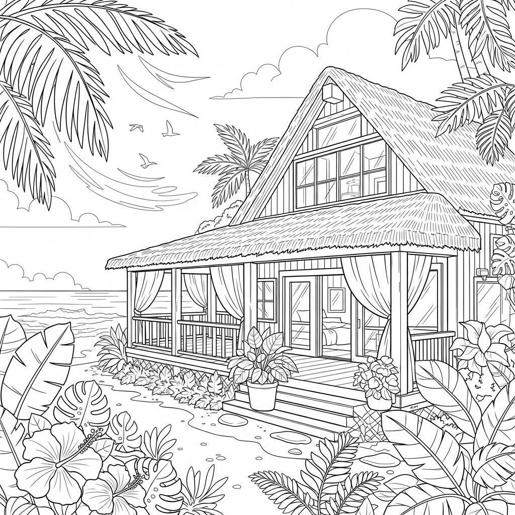 Pagina da colorare di casa sulla spiaggia tropicale