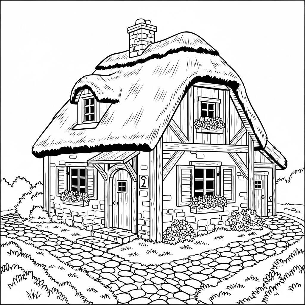 Pagina da colorare della casa del villaggio