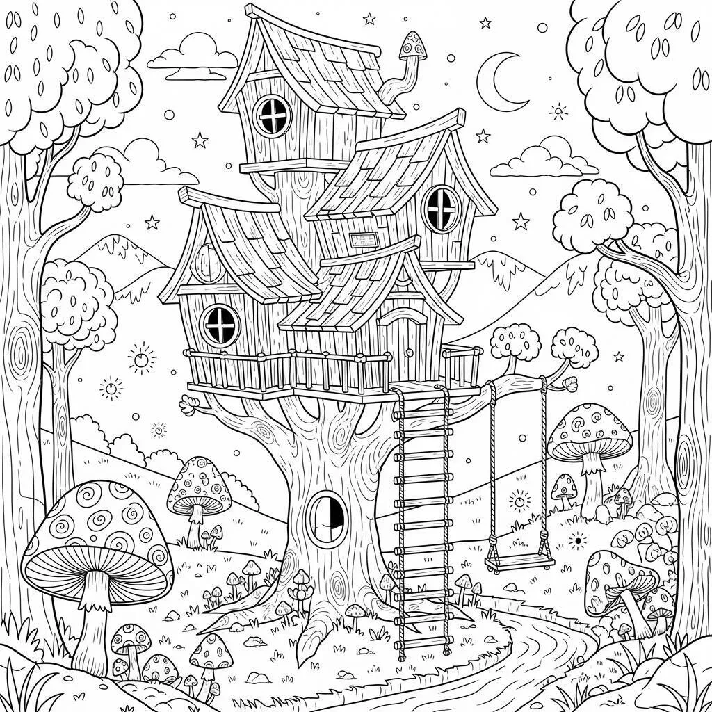 Desenho de Casa na Árvore para Colorir