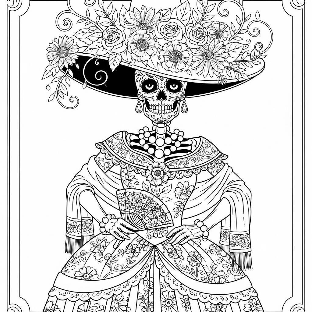 Desenho de Catrina Elegante para Colorir
