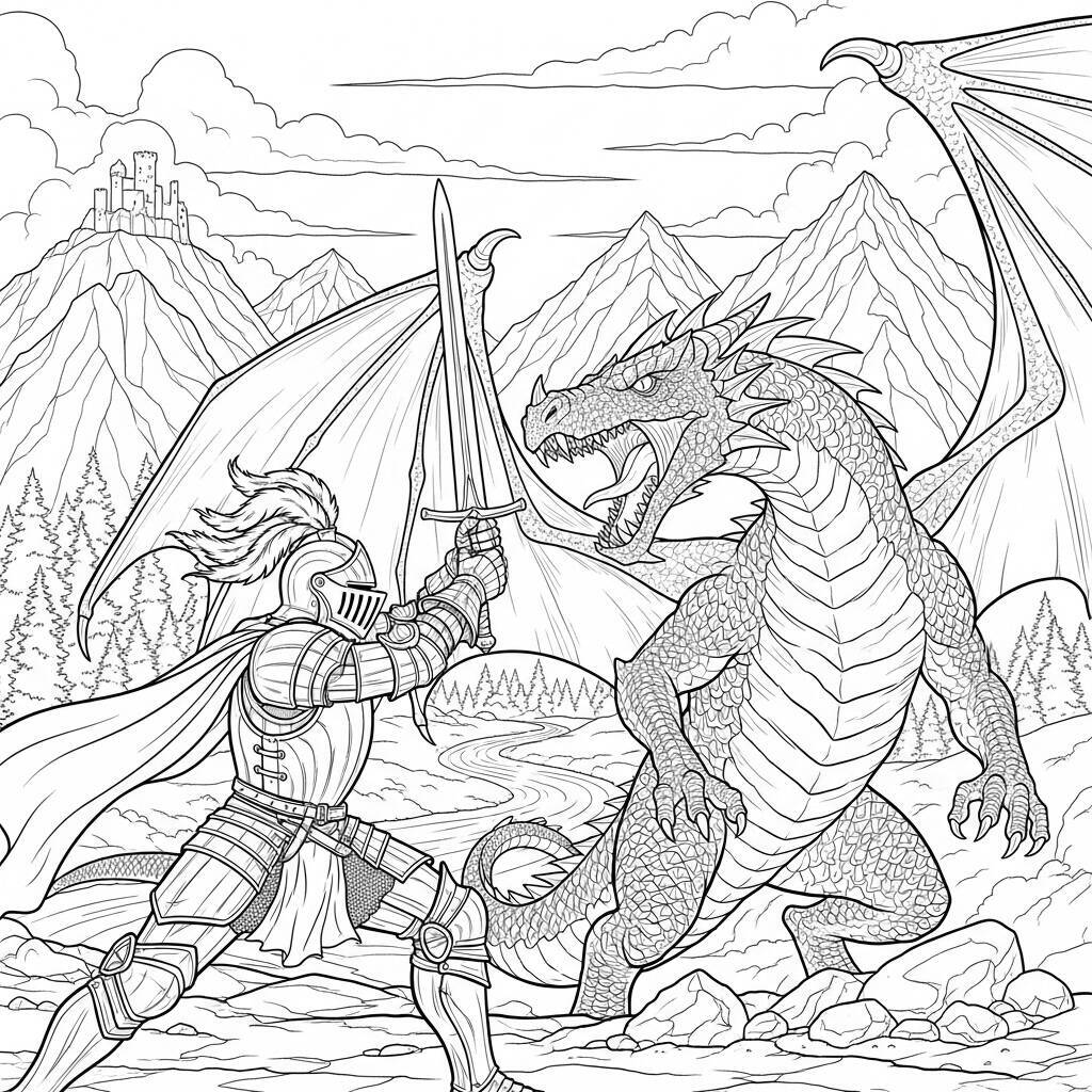 Knights and Dragons Coloring Page