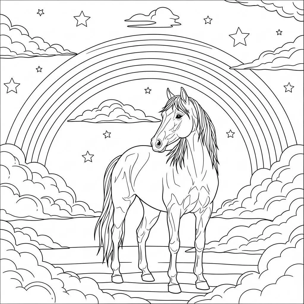 Desenho de Cavalo com Arco-Íris para Colorir