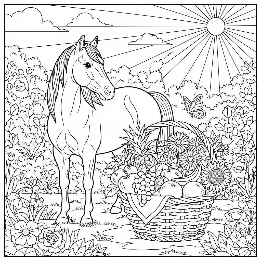 Desenho-de-Cavalo-com-Cesta-de-Frutas-para-Colorir Desenho de Cavalo com Cesta de Frutas para Colorir