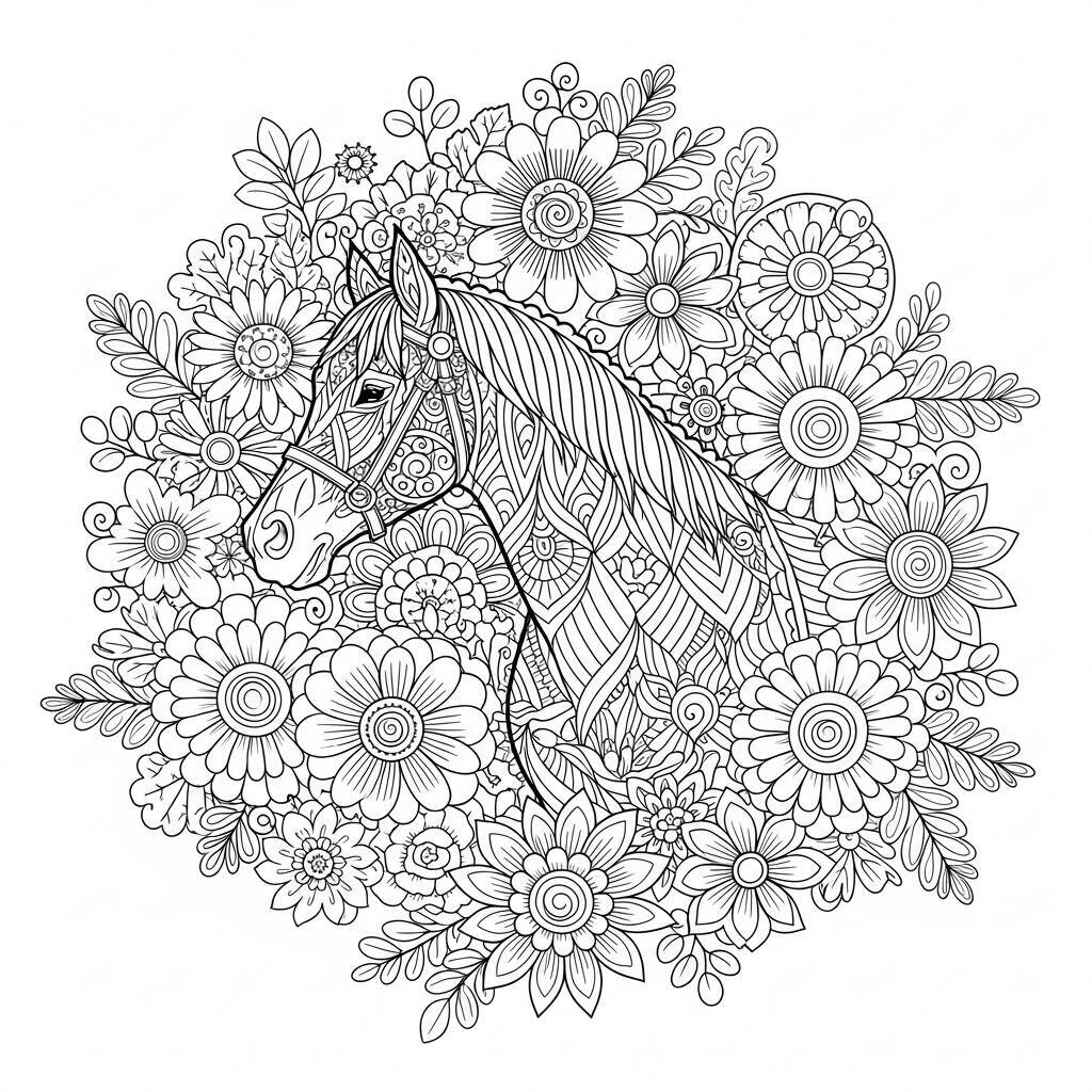 Desenho de Cavalo com Florais para Colorir