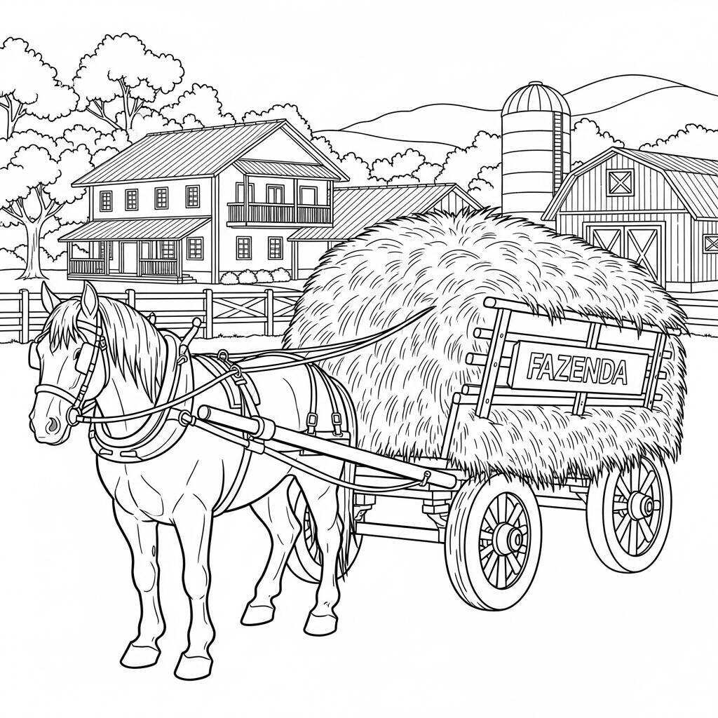 Desenho de Cavalo e Carroça na Fazenda para Colorir