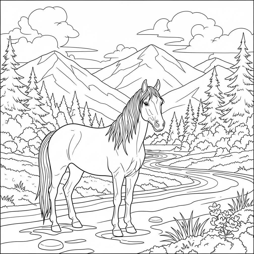 Desenho-de-Cavalo-e-Natureza-para-Colorir Desenho de Cavalo e Natureza para Colorir