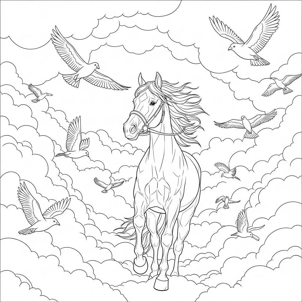 Desenho de Cavalo e Pássaros para Colorir