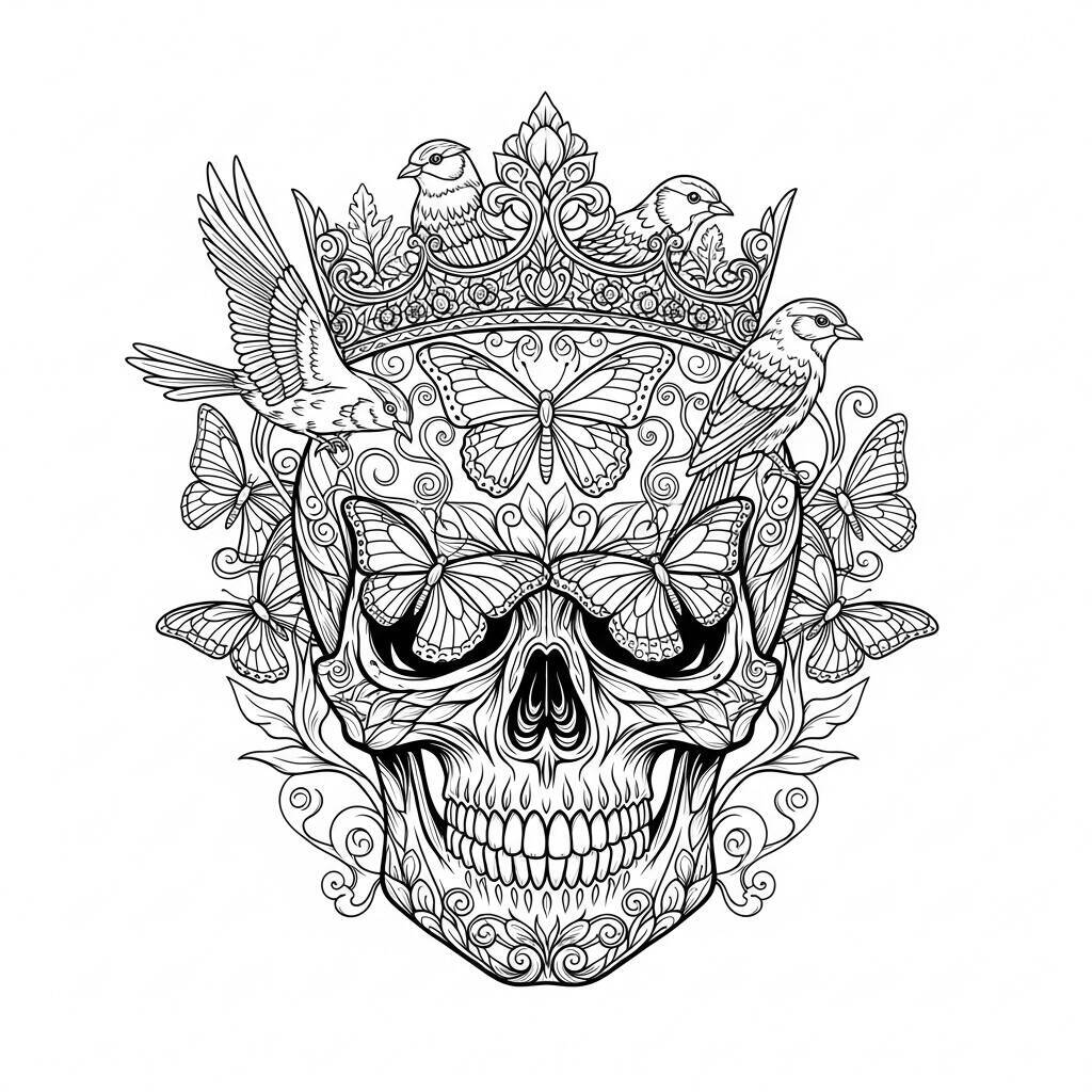 Totenkopf mit Tieren zum Ausmalen
