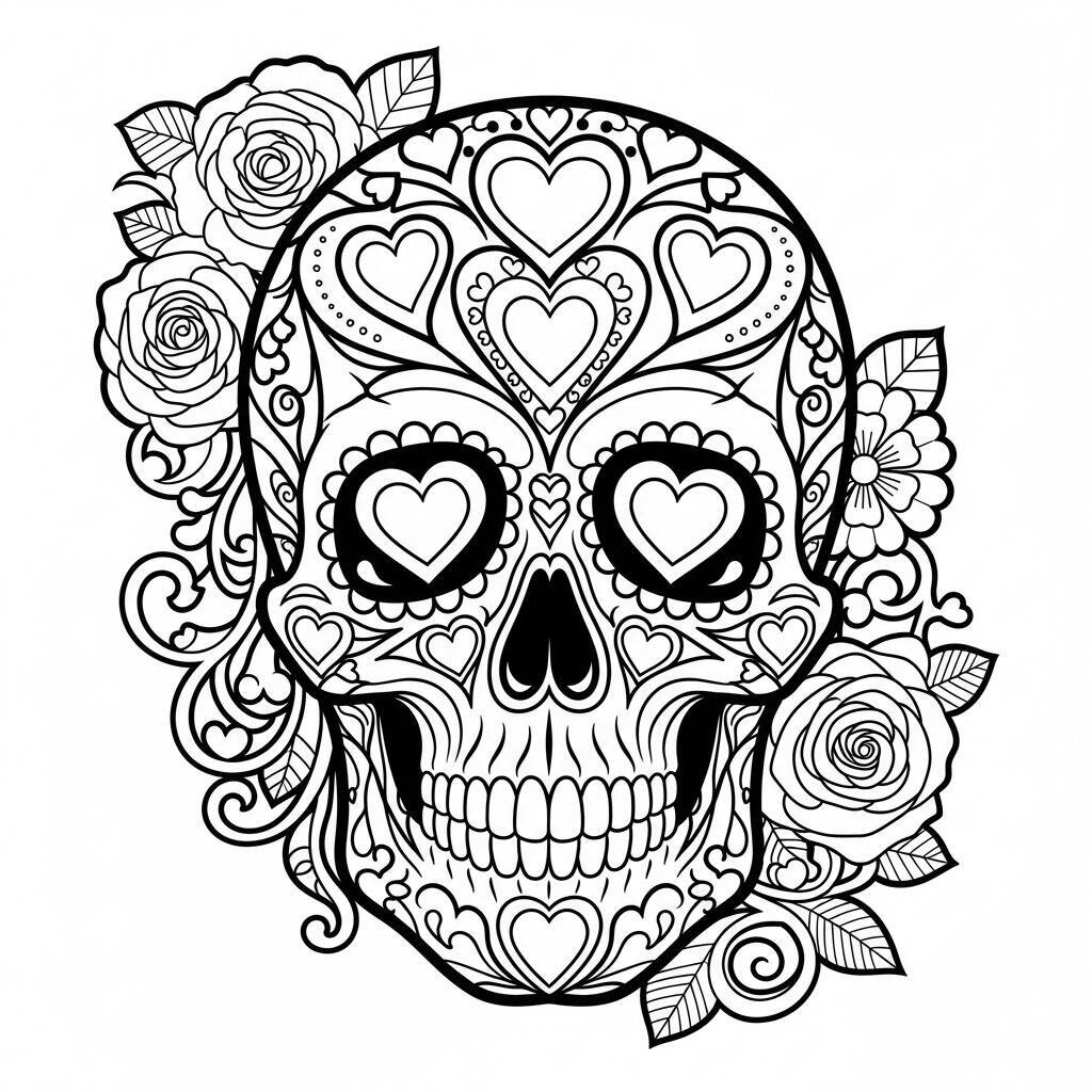 Totenkopf mit Herzen zum Ausmalen