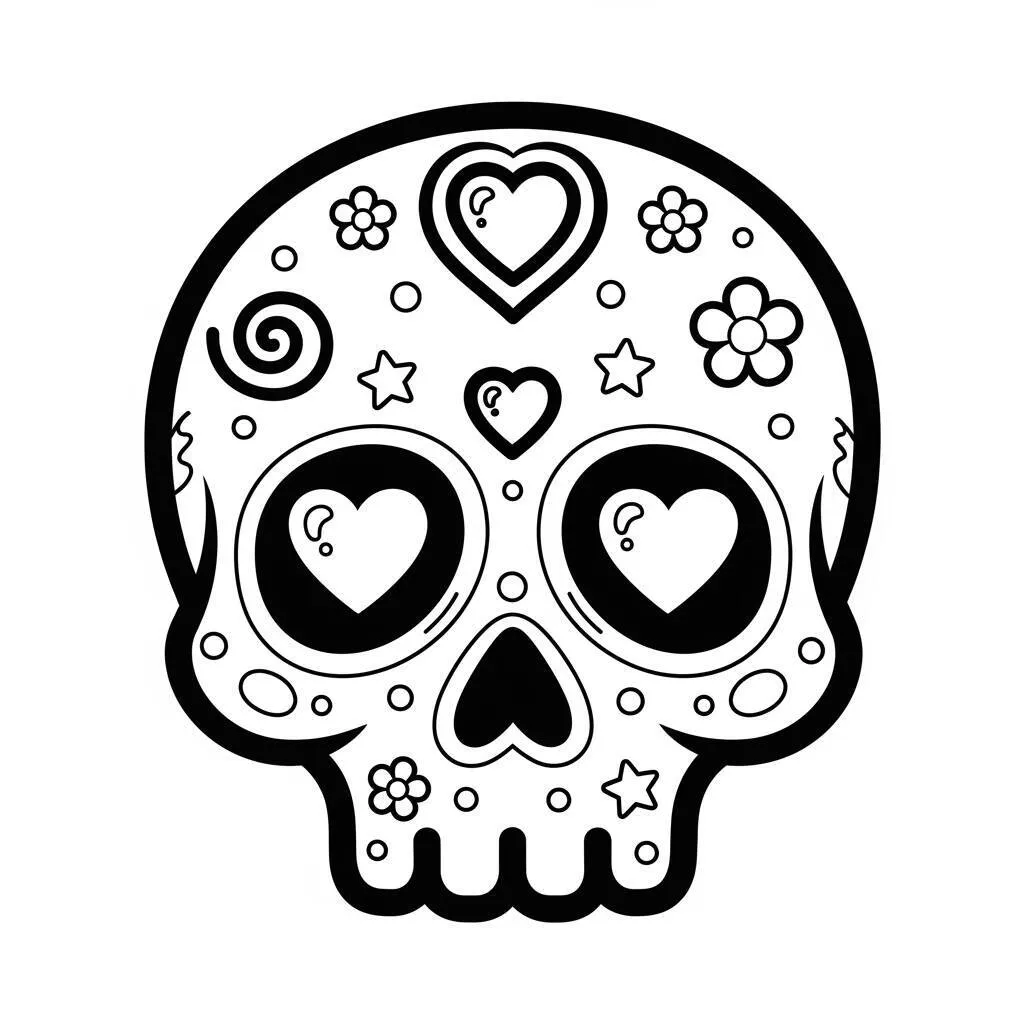 Desenho de Caveira com Corações para Colorir