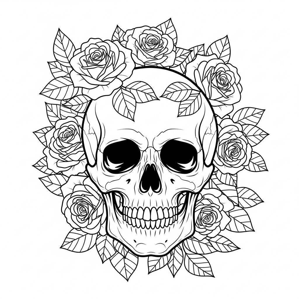 Malvorlage Totenkopf mit Blumen