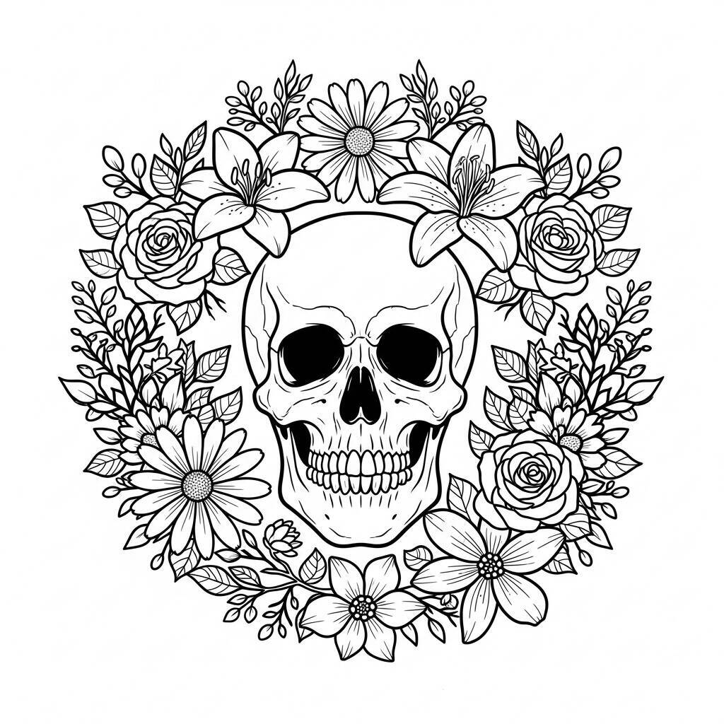 Malvorlage Totenkopf mit Blumen