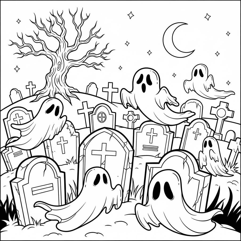 Desenho de Cemitério com Fantasmas para Colorir
