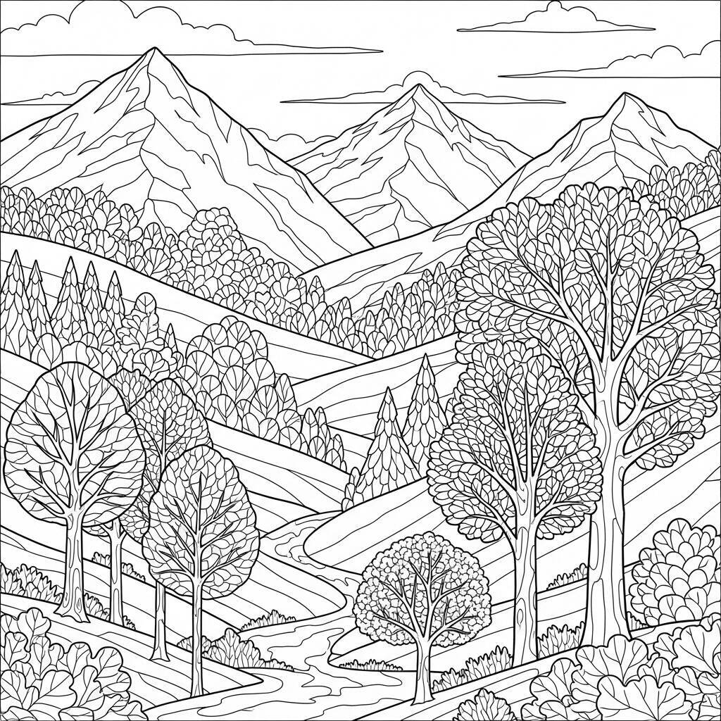Coloriage Paysage d'automne avec des montagnes