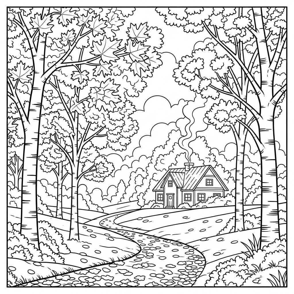 Desenho de Cenário de Outono para Colorir