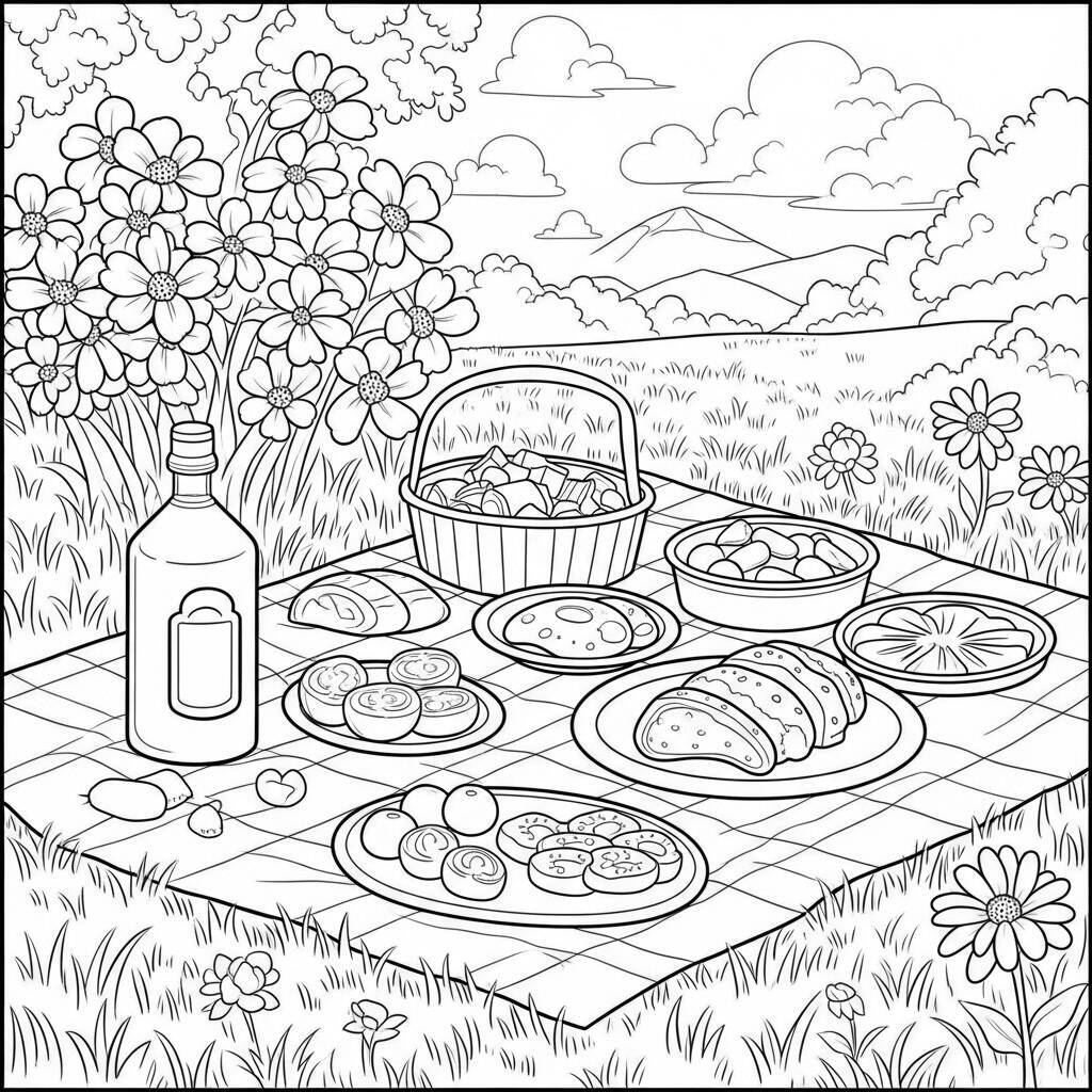 Desenho de Cenas de Piquenique para Colorir