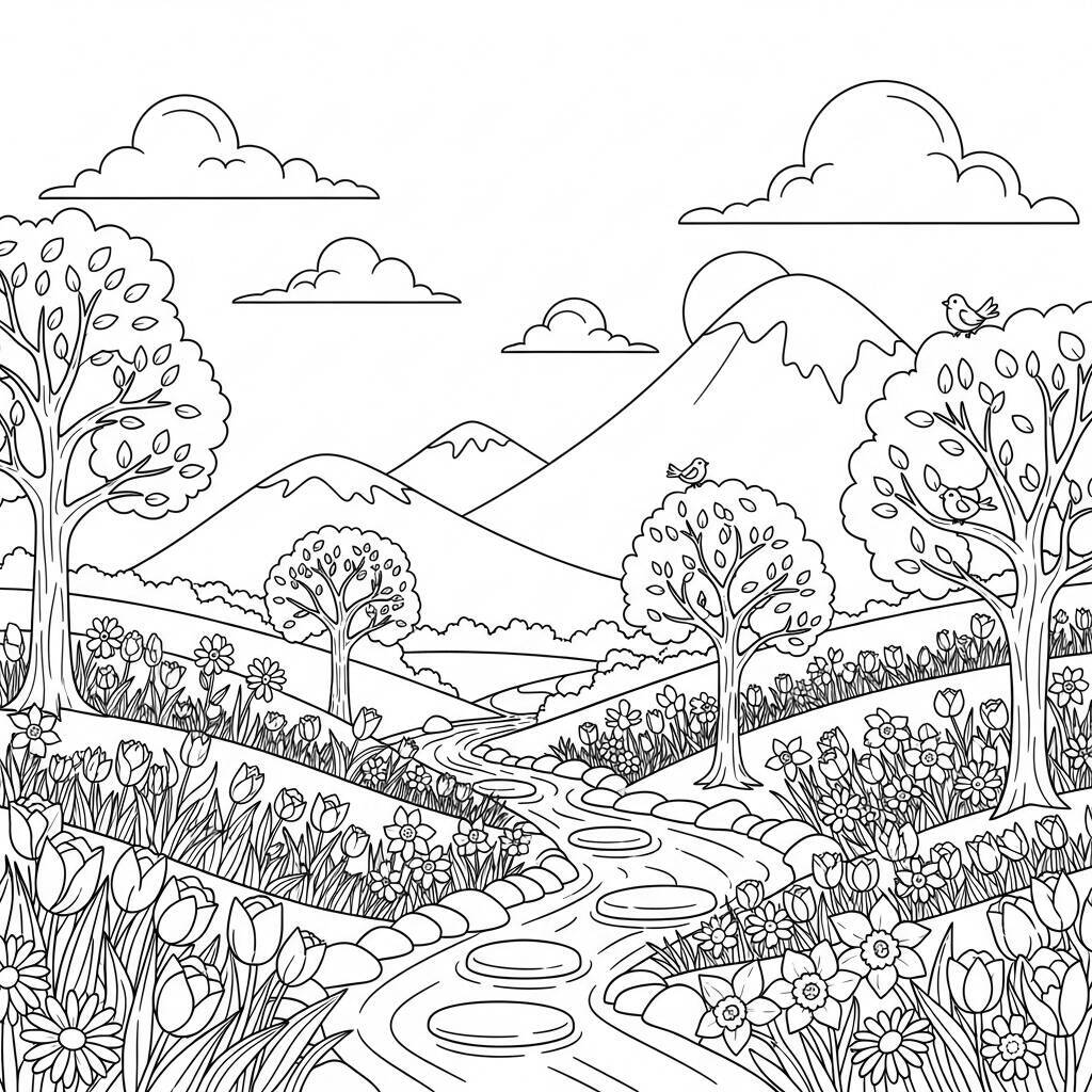 Desenho de Cenas de Primavera para Colorir