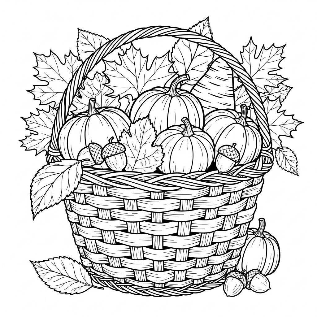 Desenho de Cesta com Folhas de Outono para Colorir