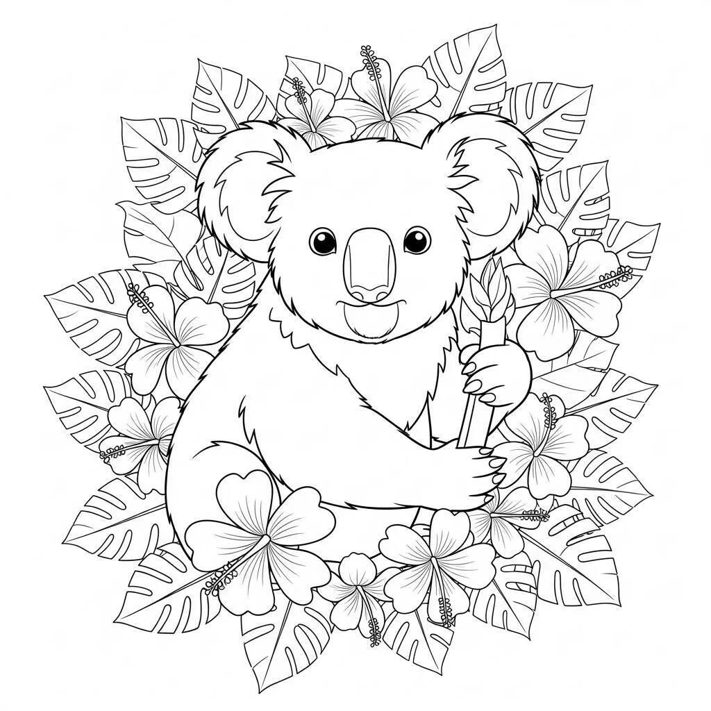 Desenho-de-Coala-com-Flores-para-Colorir Desenho de Coala com Flores para Colorir