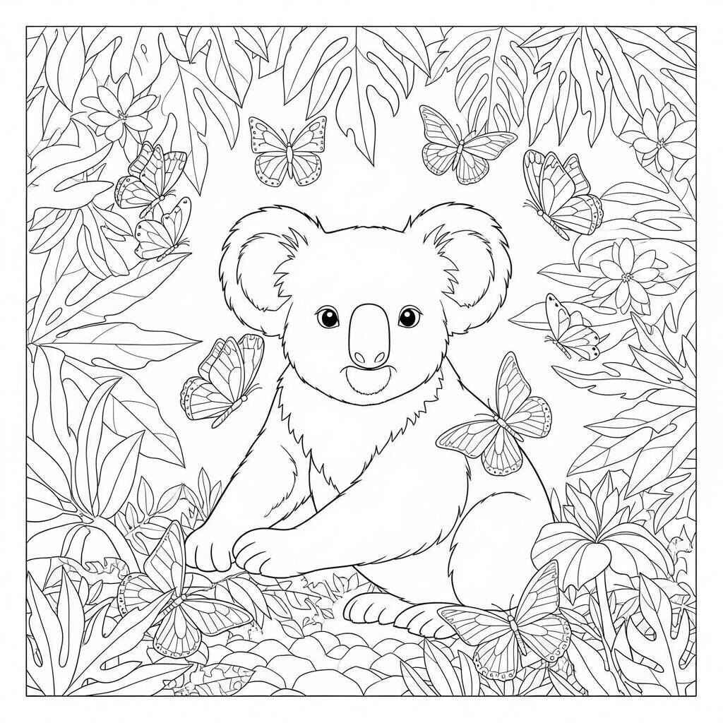 Pagina da colorare di koala e farfalle