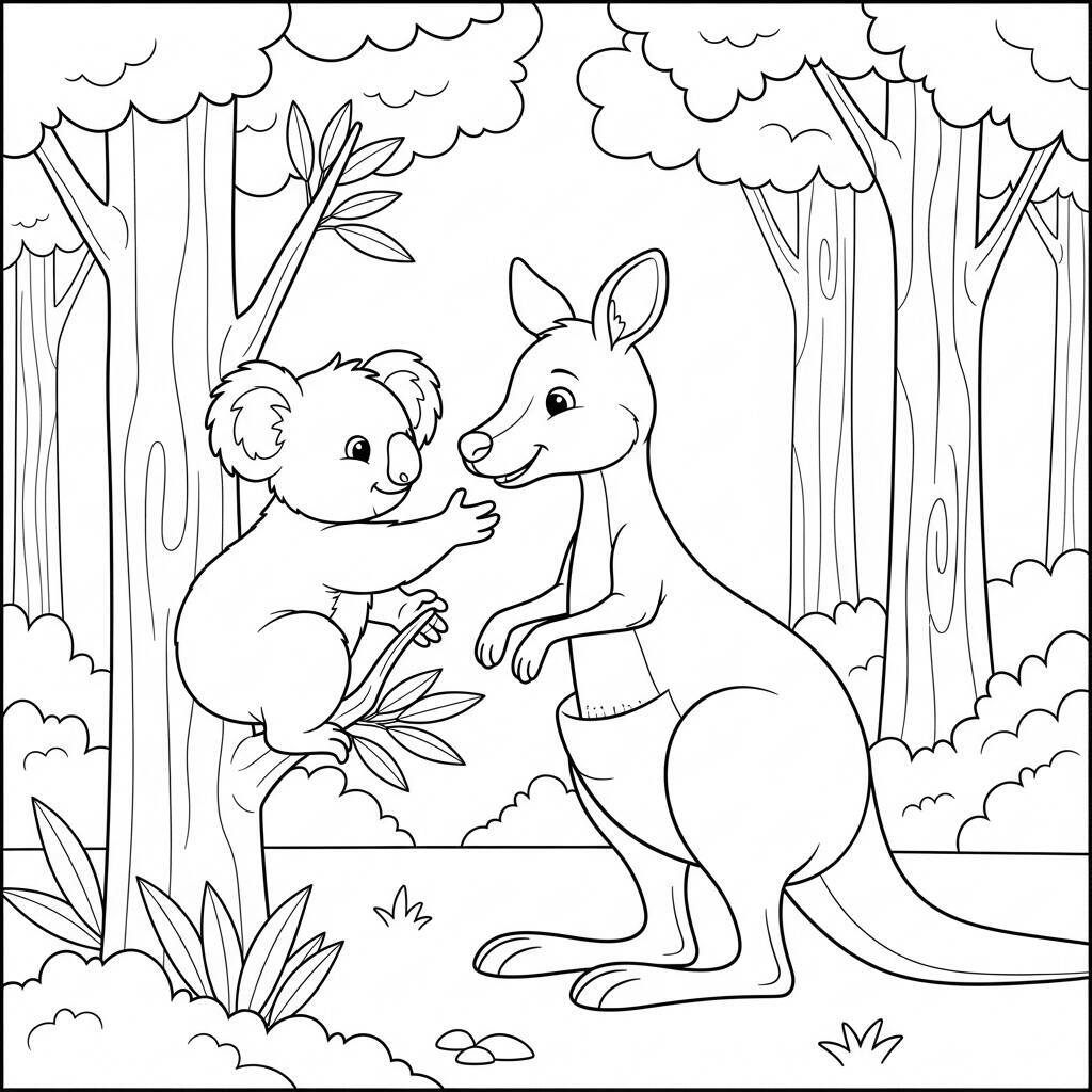 Pagina da colorare di koala e canguro