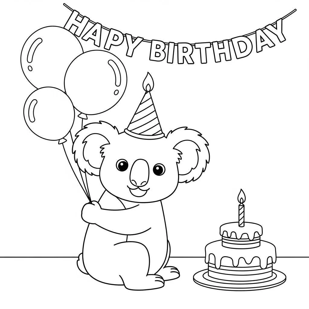 Desenho de Coala em Festa de Aniversário para Colorir