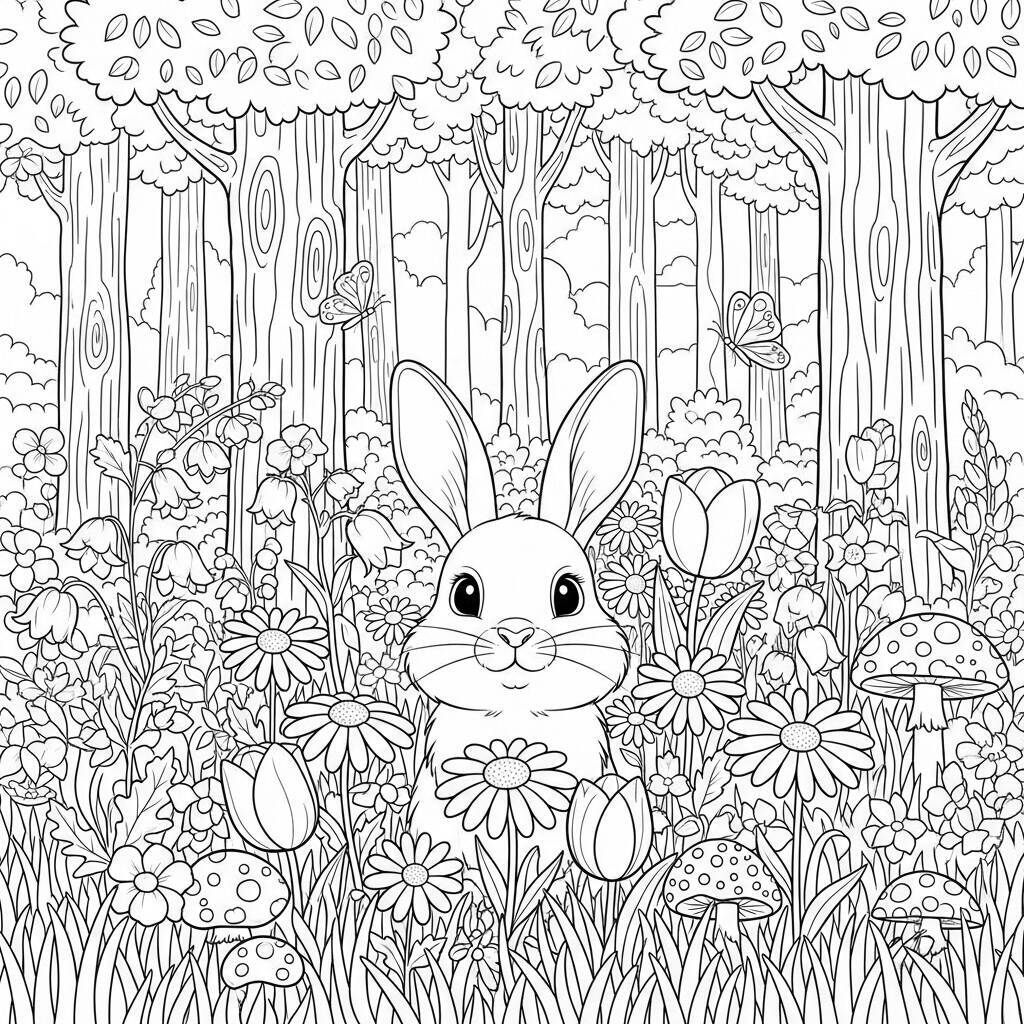 Desenho de Coelha na Floresta para Colorir