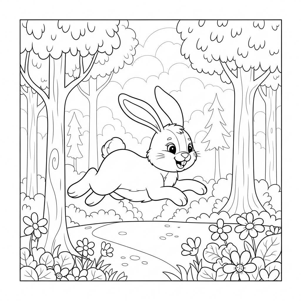 Desenho de Coelho Brincando na Floresta para Colorir