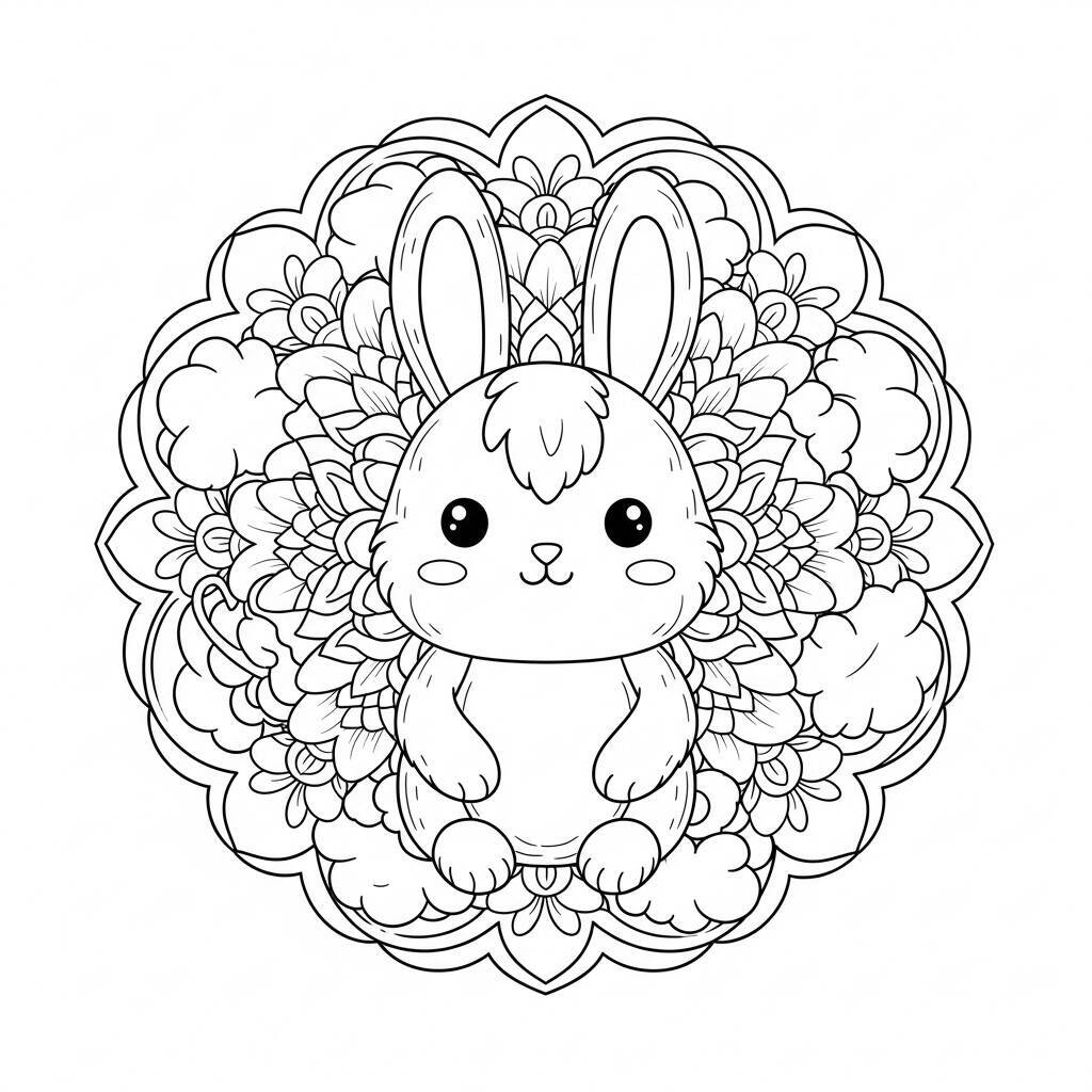 Desenho de Coelho Kawaii Mandala para Colorir