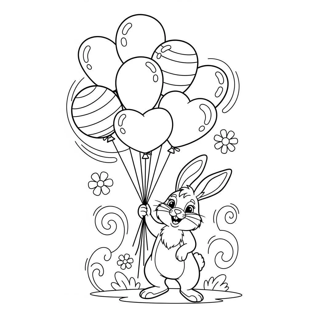 Desenho de Coelho com Balões para Colorir