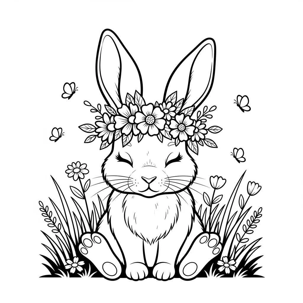 Desenho de Coelho com Coroa de Flores para Colorir