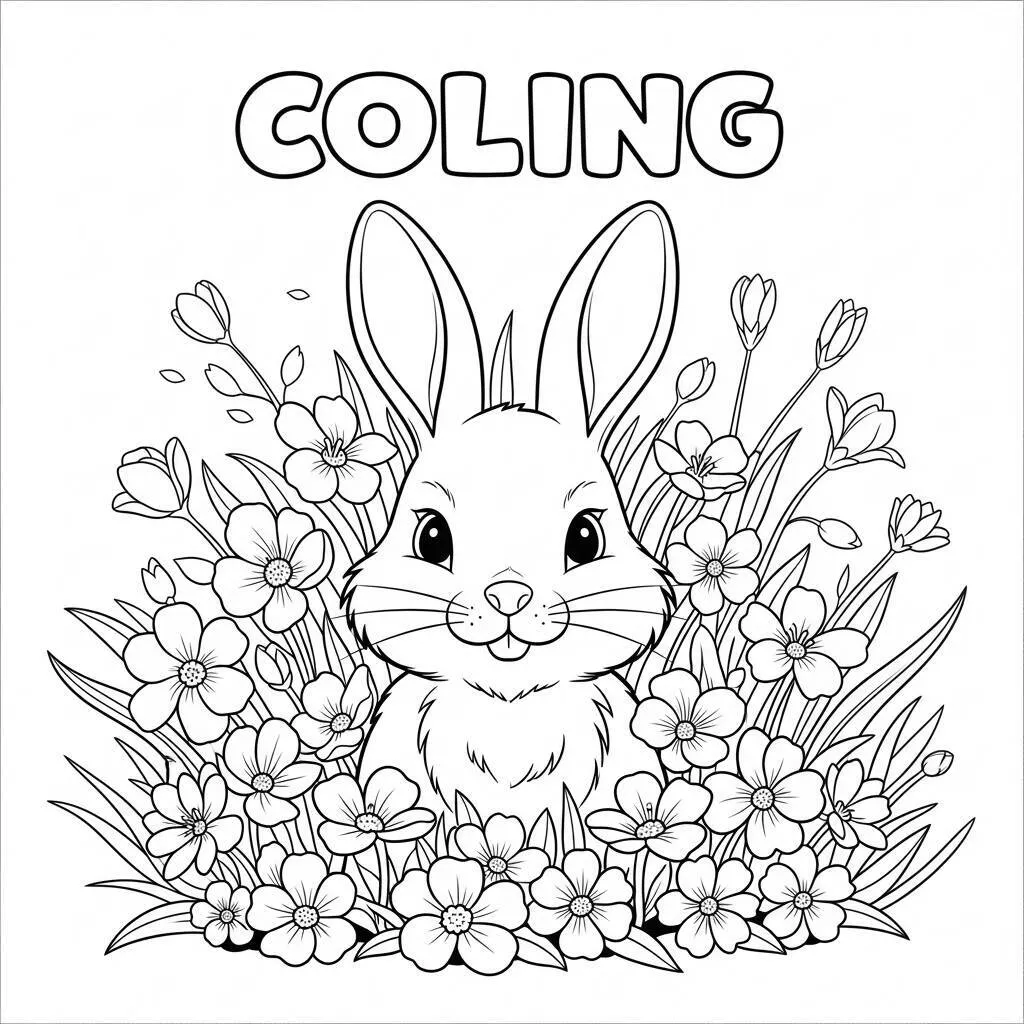 Desenho-de-Coelho-com-Flores-de-Primavera-para-Colorir Página para colorear de conejo con flores primaverales