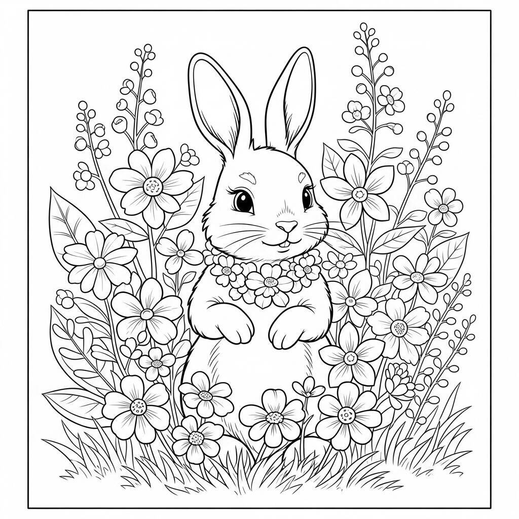 Desenho de Coelho com Flores para Colorir