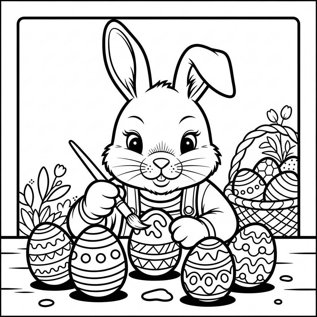 Desenho de Coelho com Ovos Coloridos para Colorir