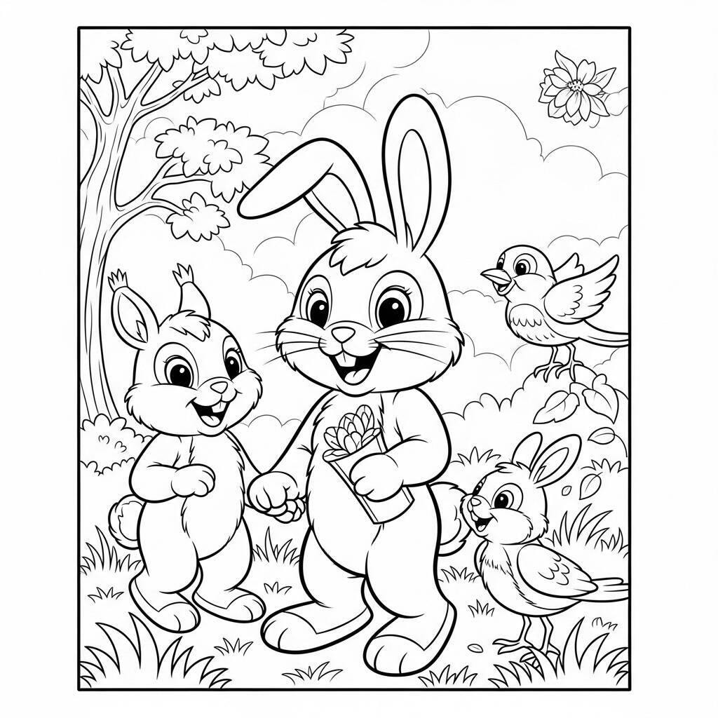 Desenho de Coelho e Amigos Animais para Colorir