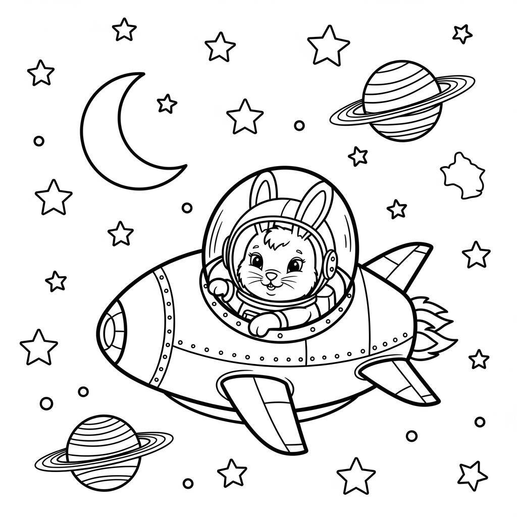 Desenho de Coelho e Aventura Espacial para Colorir