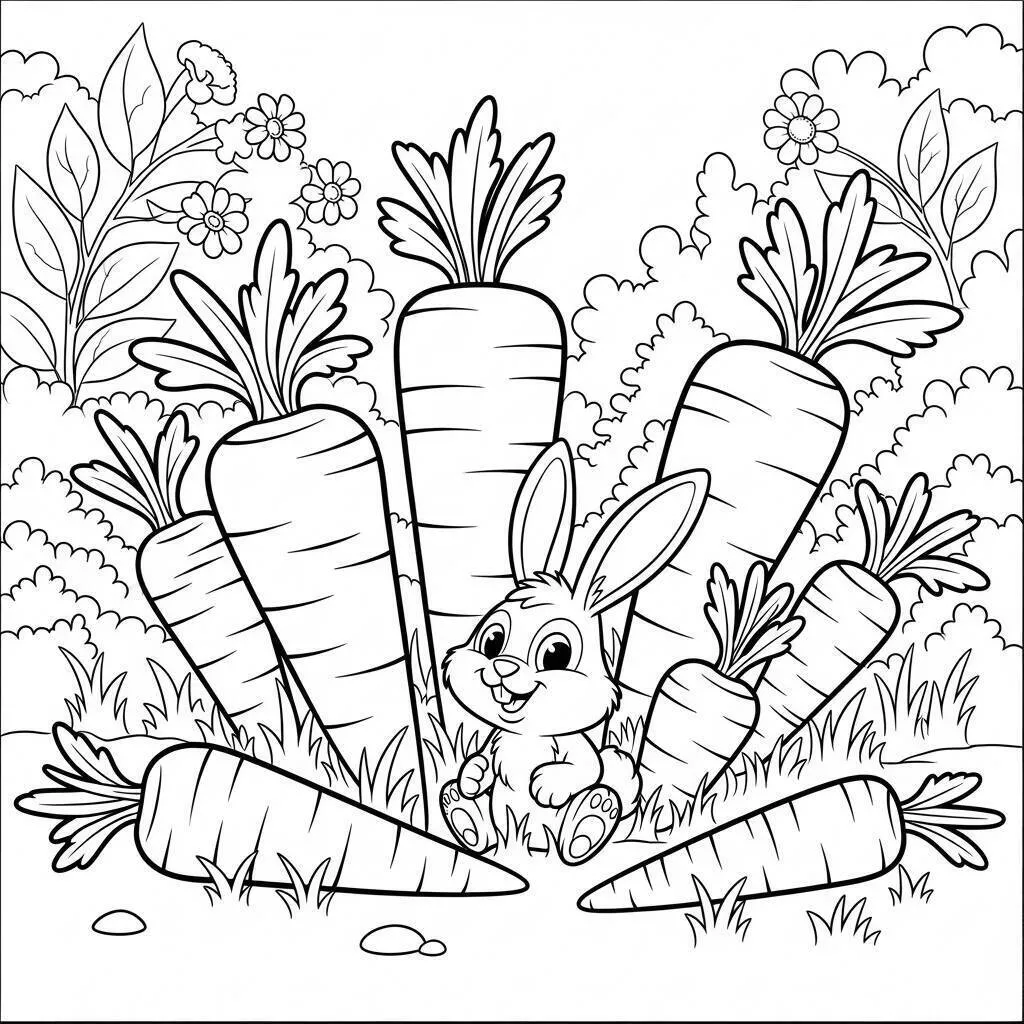 Desenho-de-Coelho-e-Cenouras-para-Colorir-1 Desenho de Coelho e Cenouras para Colorir