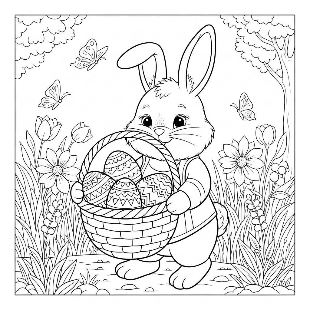 Desenho de Coelho e Cesta de Ovos para Colorir