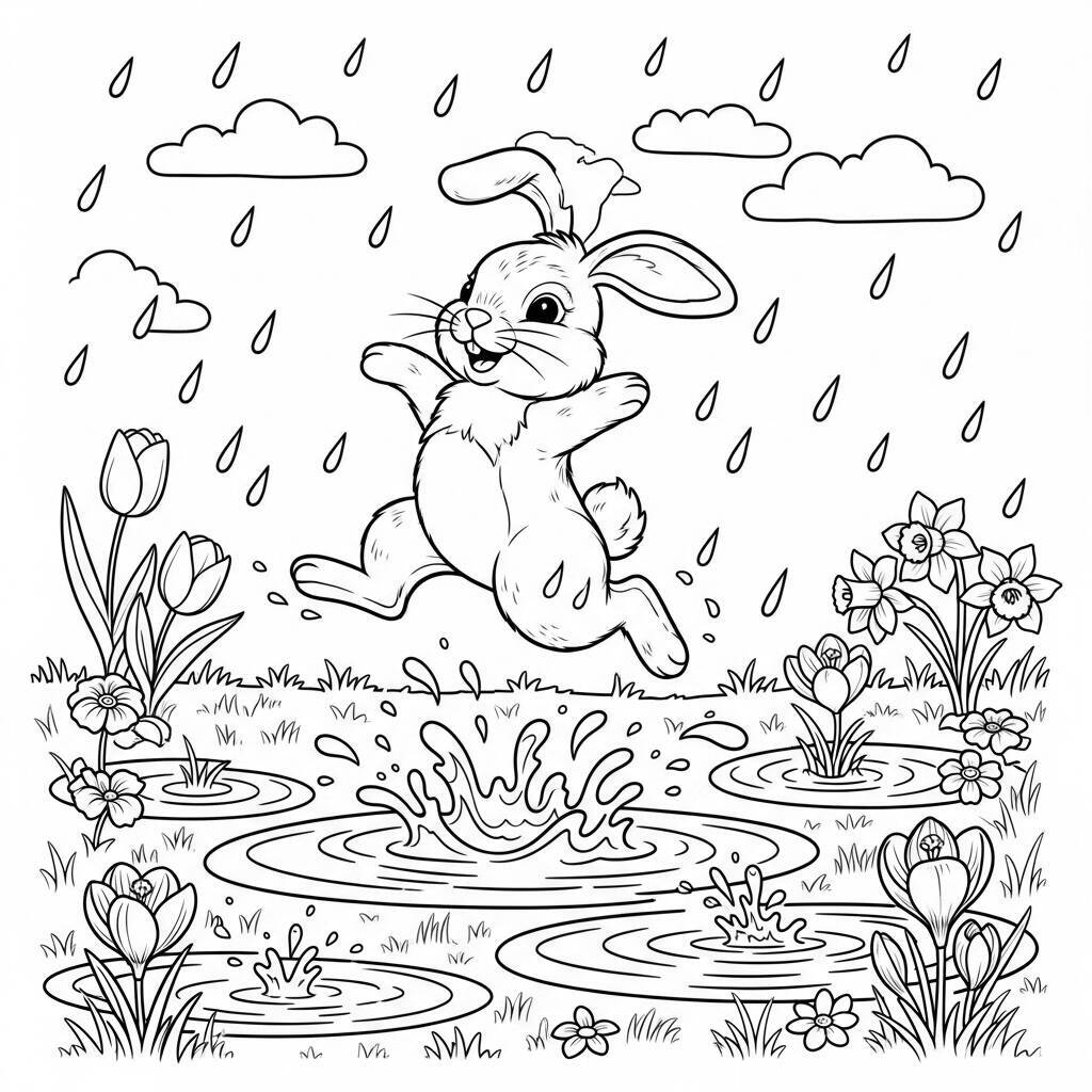 Desenho de Coelho e Chuva de Primavera para Colorir