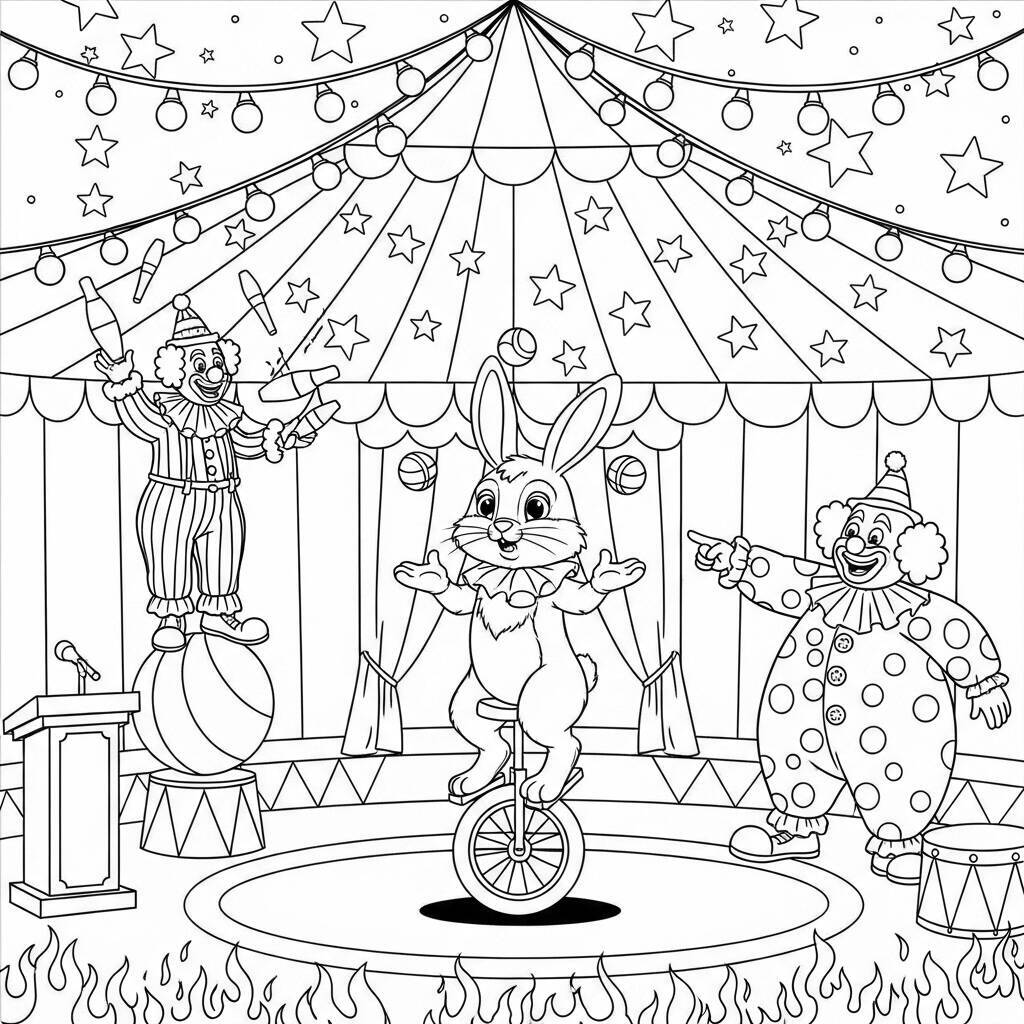 Desenho de Coelho e Circo para Colorir