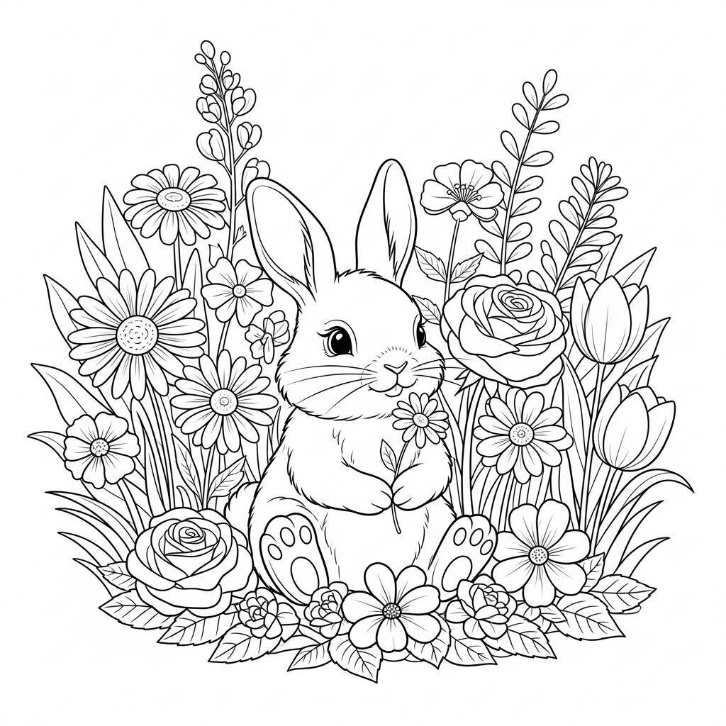 Desenho de Coelho e Flores para Colorir