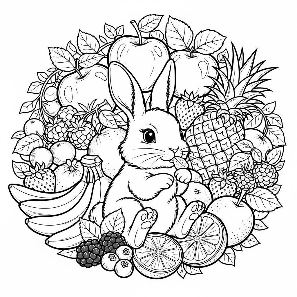 Desenho de Coelho e Frutas para Colorir