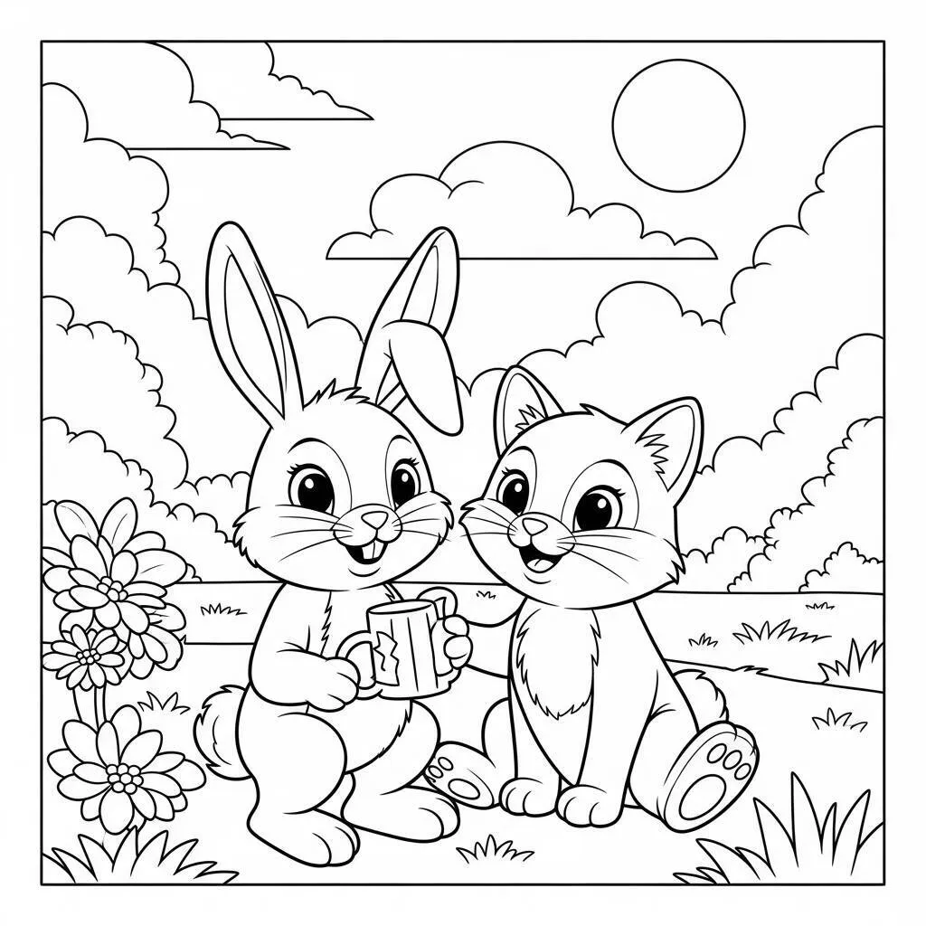Desenho de Coelho e Gato para Colorir