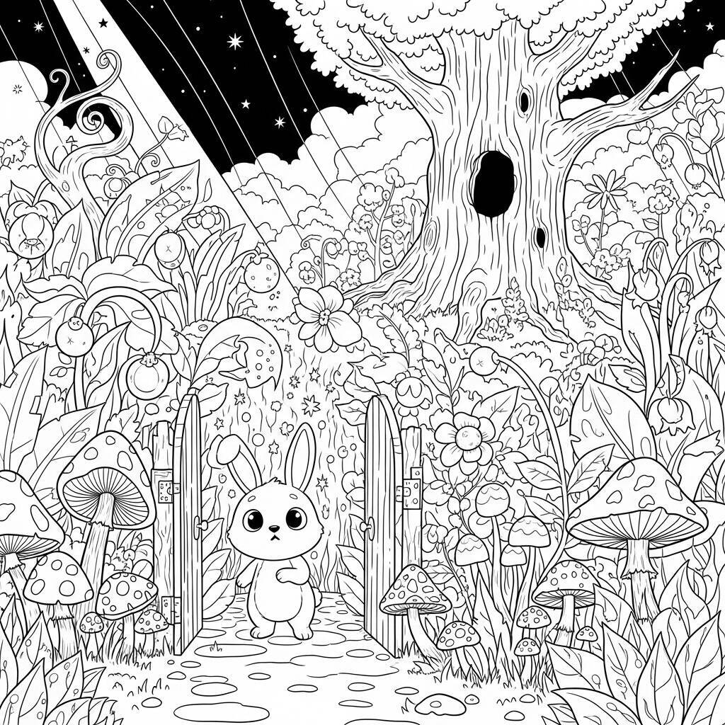 Desenho de Coelho e Jardim Secreto para Colorir