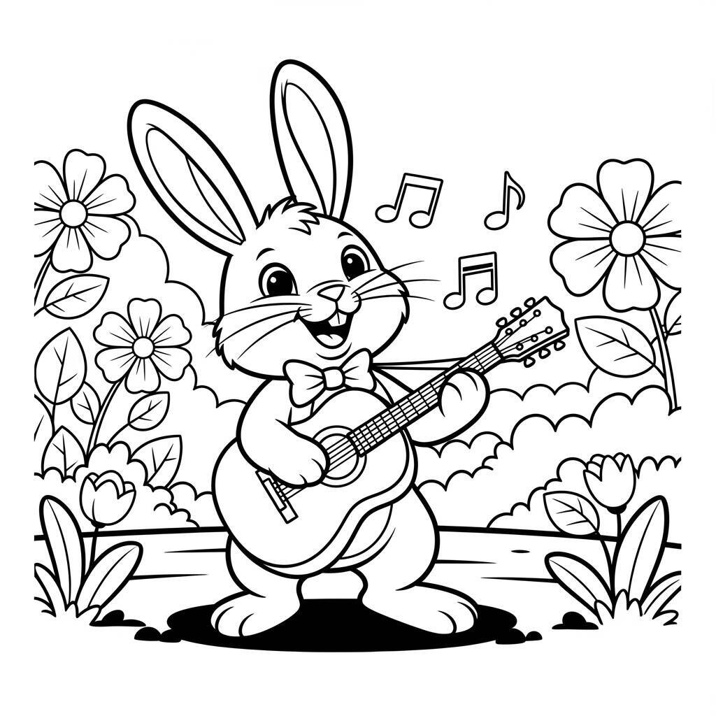 Desenho de Coelho e Música para Colorir