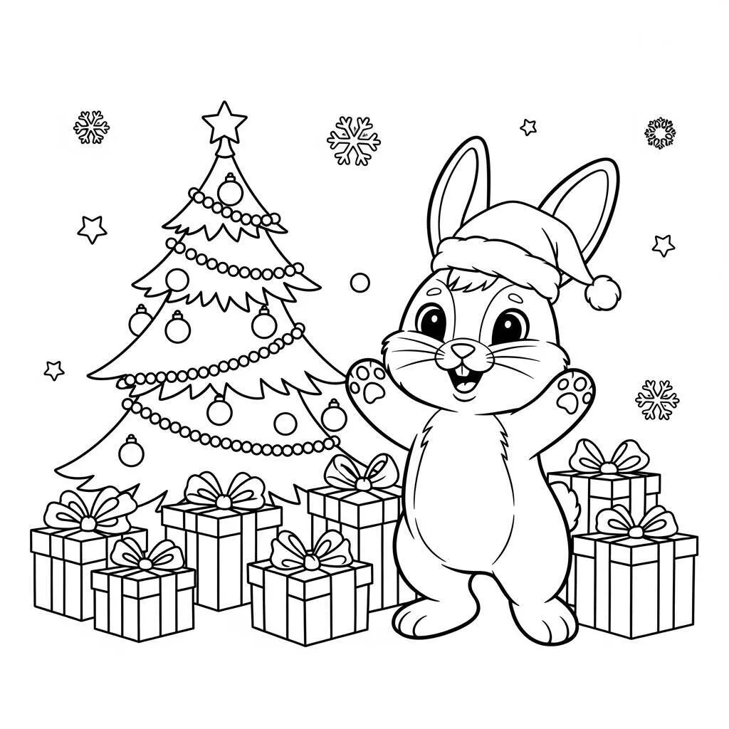 Desenho de Coelho e Natal para Colorir
