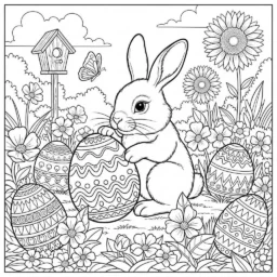 Desenho de Coelho e Ovos de Páscoa em um Jardim para Colorir