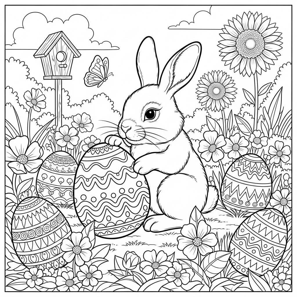 Ausmalbilder Kaninchen und Ostereier im Garten