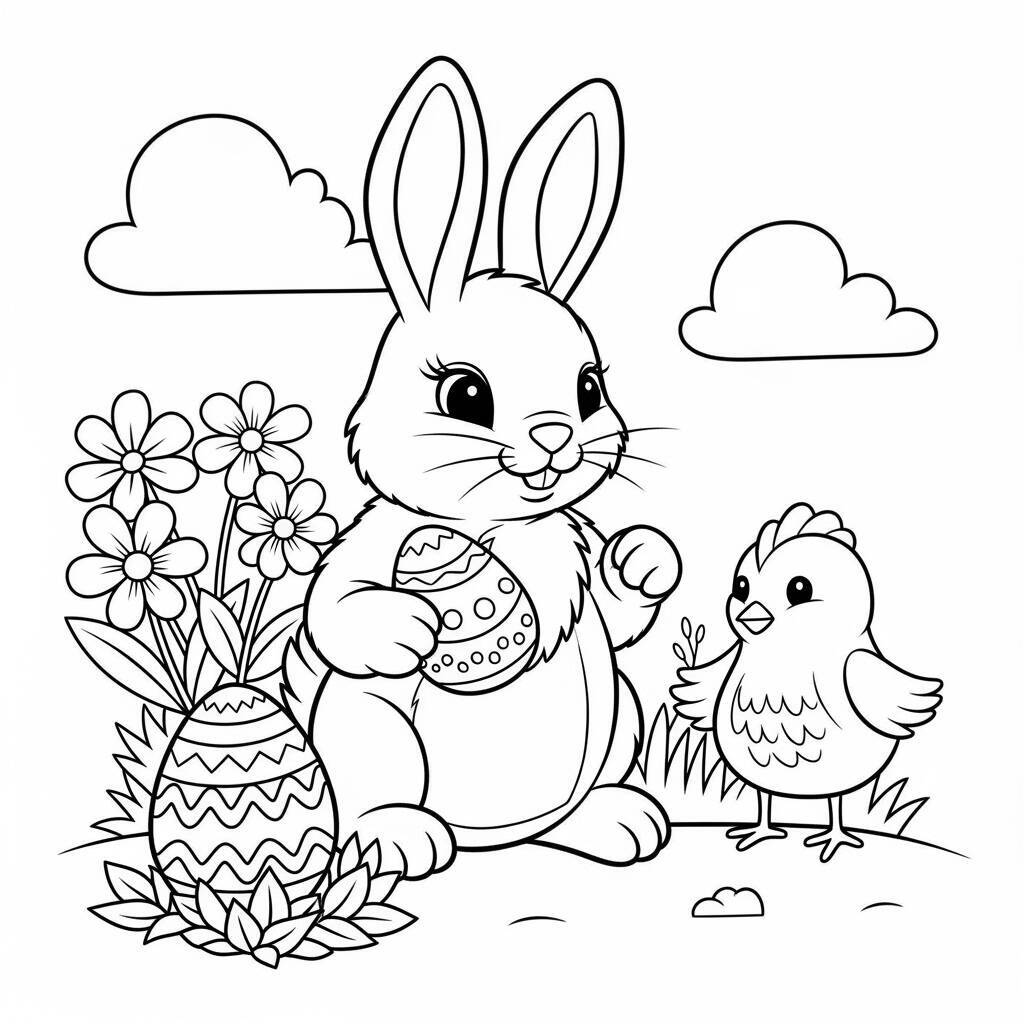 Desenho de Coelho e Pintinho para Colorir